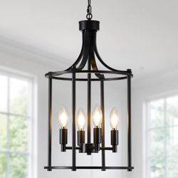 4-Light Black Chandeliers for Dining Room, Foyer Chandeliers Lantern Tiered Industrial Ceiling Light Metal Modern Farmhouse Pendant Lights for Kitchen