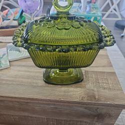 Vintage Indiana Glass Open Lace Edge Footed Candy Dish Compote Lid Olive Green
