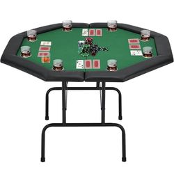 Poker Table Foldable, Casino Leisure Texas Holdem Game Table w/Metal Legs & Stainless Steel Cup Holders, 8 Players Octagon GamingTable for Blackjack, 