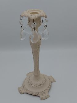 Vintage Cast Iron Candlestick Holder With 5 Crystals 