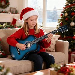 38-inch acoustic guitar for beginners with guitar case, strap, tuner and spike, Blue 