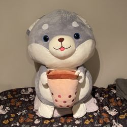✨ HUGE Husky Holding Boba Plushie ✨