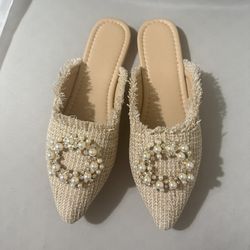 Raw Trim Faux Pearl Decor Flat Mules Valentines size US 6.5 (EUR 37)