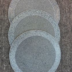 Set of 3 Tahari Home 14” Beaded Charger Plates Silver Glass Bead Round Table Decor