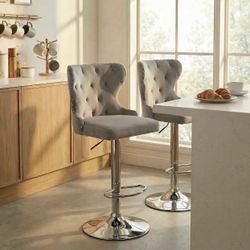 Set of 2 Adjustable Swivel Bar Stools,Velvet Upholstered Counter Height Chairs with Nailhead Trim