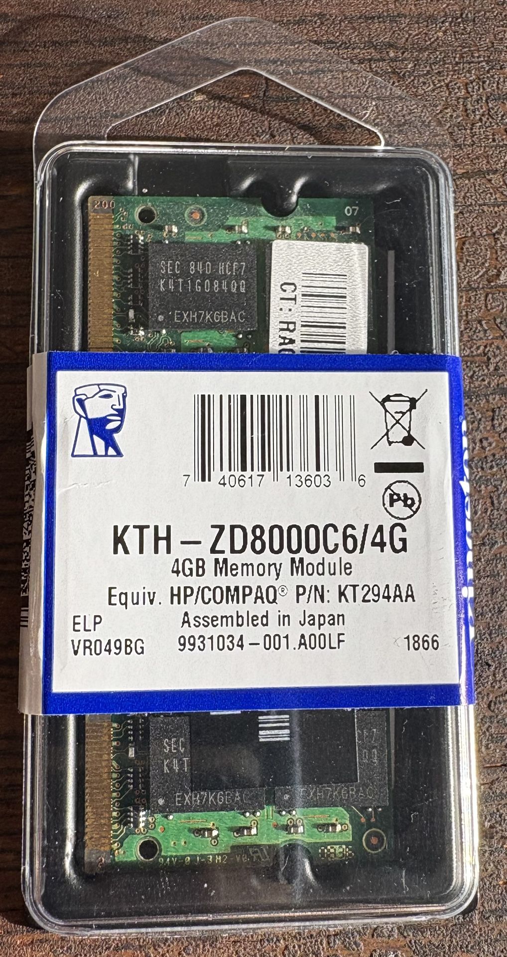 Kingstone Technology 4G Memory Module KTH-ZD8000C6/4G Eqiv. HP/COMPAQ PN KT294AA