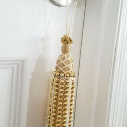 NEW SMALL TASSLE, GOLD BEADS WITH WHITE SATIN FRINGE, VERY CUTE