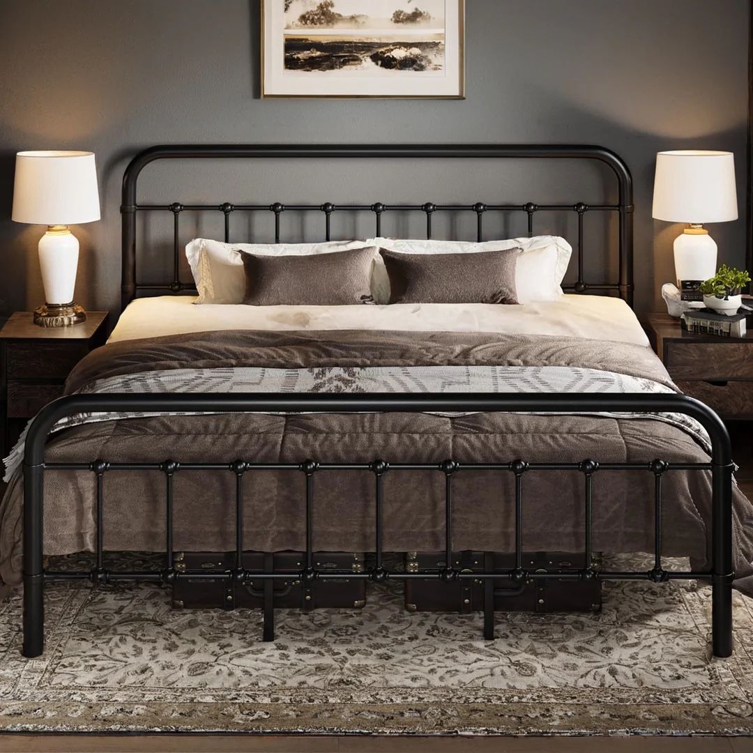 Full Metal Platform Bed Frame Victorian Style, No Box Spring Required