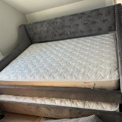 Barely Used Bob's Chloe Full Gray Upholstered Daybed with Twin Trundle And New Mattresses