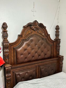 Queen Size Ornate Wood and Tufted Leather Bed Frame (USED)