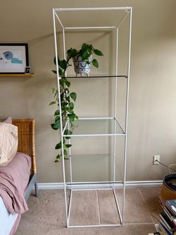 Tall Glass & White Metal Plant / Display Shelf