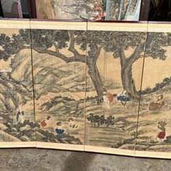 Asian Chinese Japanese Art Tri Fold Screen Painting Antique Risqué 