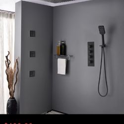 KS #060505 16'' Thermostatic Black Shower System With Hand Shower And 3 Body Jets