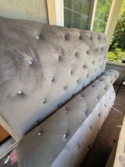 Gray Velvet Queen Bed Frame w/ Crystal Buttons - Like New