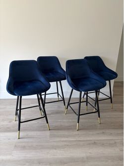 Blue Velvet Bar Chairs Set of 4