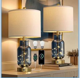 L 22" Glass Table Lamps Set Of 2, Blue Modern Bedside Lamp With LED Night Light For Living Room, Nightstand Lamp With USB Ports For Bedrooms, Study Ro