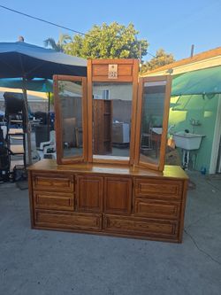 Vintage Solid Oak Dresser & Mirror