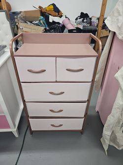 Pink 5-Drawer Fabric Dresser with Rose Gold Frame