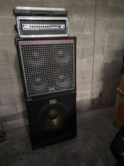 Gallien-Krueger (GK) Backline bass rig with a Backline 600 head, a 410BLX-II 4x10 cabinet, and a second GK cabinet