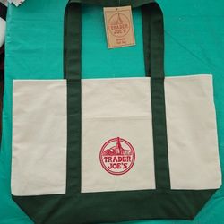 Trader Joe’s  Large Tote Bag Green / Cream with Red Logo