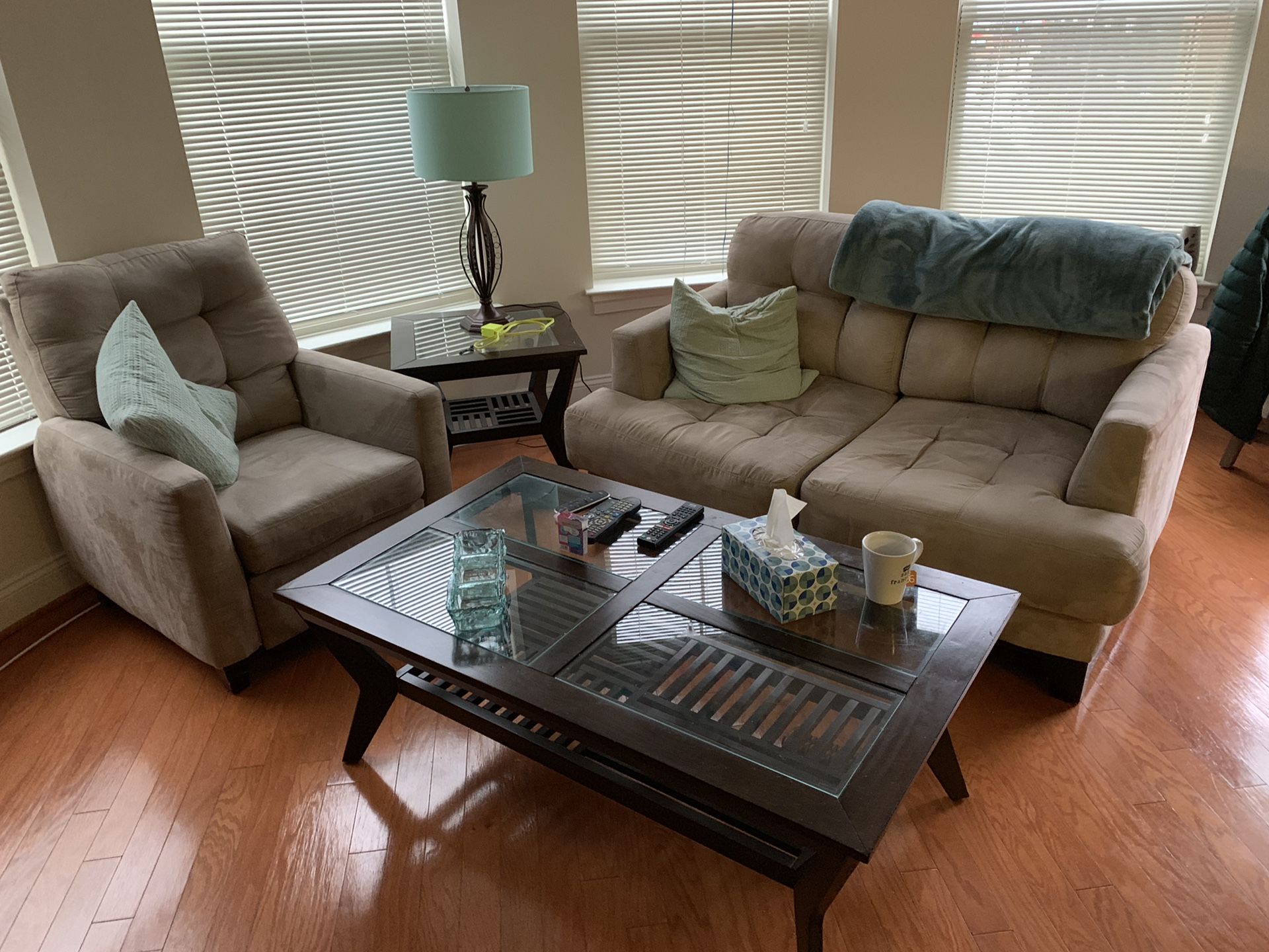 Love seat, recliner side table and coffee table