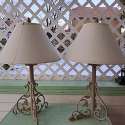 Pair of Beige Wrought Iron Scroll Heavy Metal Table Lamps These lamps measure 32" tall 
