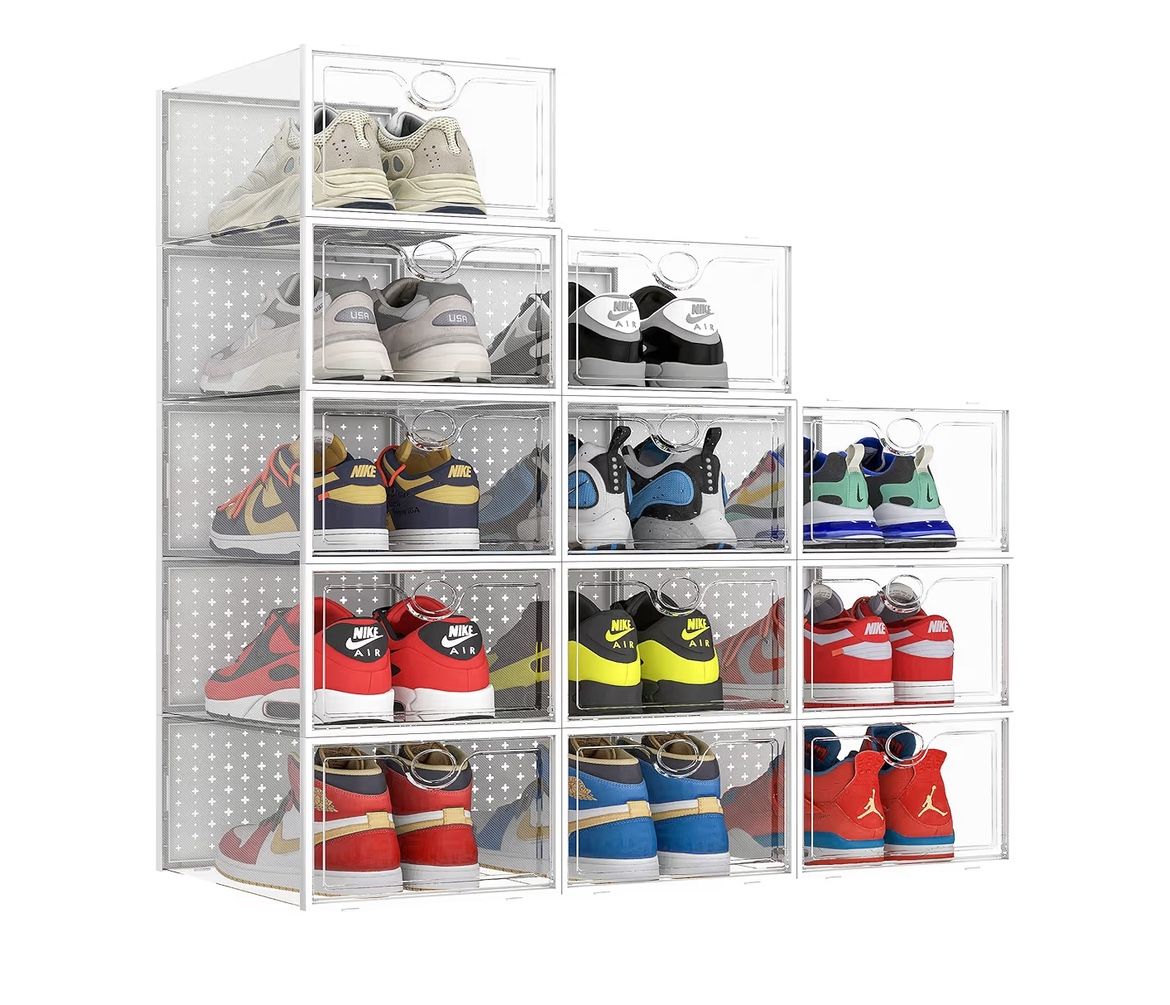 Pinkpum XXL Larger Shoe Storage Boxes Fit Size 14, Clear Plastic Stackable Shoe Organizer 12 Pack Sneaker Storage for Sneakerheads Shoe Containers