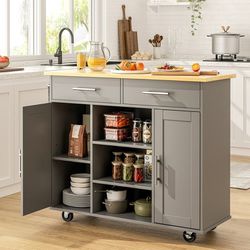 New Kitchen Storage Island Cart with 3 Open Shelves, 2 Drawers and 2 Cabinets, Kitchen Cart on Wheels with Handle/Towel Rack, Grey