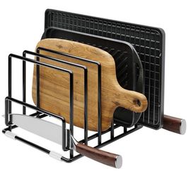 Black Heavy-Duty Vertical Rack Pot Rack with 7 Compartments Non-Slip Countertop Organizer for Baking Sheets