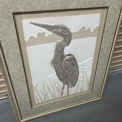 RARE EGRET CAST PAPER RELIEF SCULPTURE BY LORI KIPLINGER PANDY 