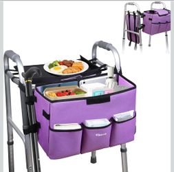Upgrade Walker Basket with Tray, Detachable Walker Tray for Folding Walkers, Storage Bag with Cup & Cane Holder, Water-Resistant Walker Accessories fo