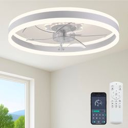 24'' Ceiling Fan with Light and Remote, Low Profile Dimmable Flush Mount White Ventilador