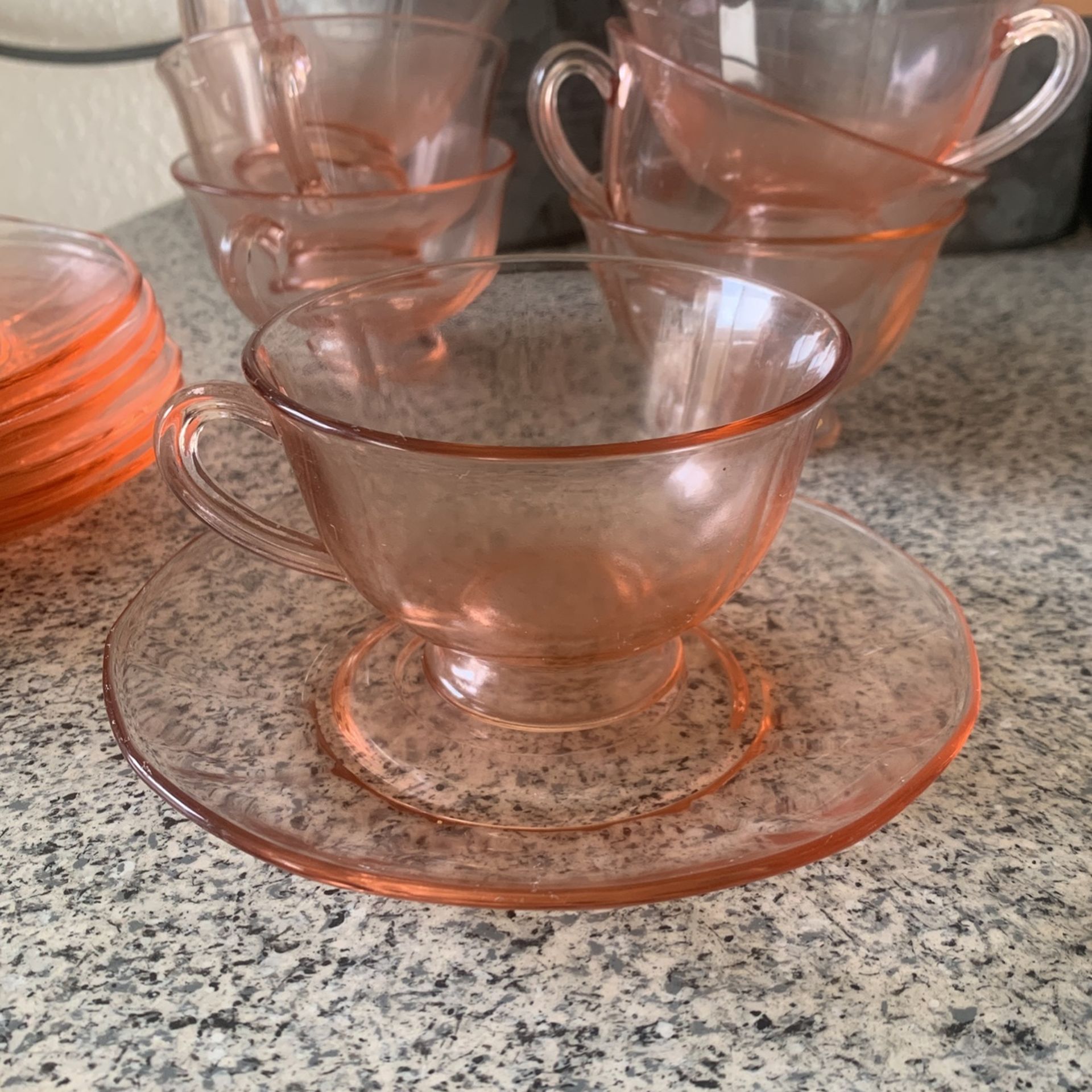Vintage Depression Glassware Pink Tea Cups With Saucers
