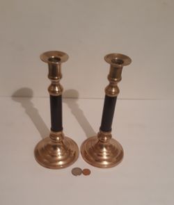 Vintage Metal Brass Set of 2 Candlestick Holders, 10" Tall and 4 1/2" Base Size, Table Display, Home Decor, Shelf Display, Quality Brass Candle Stick Thumbnail