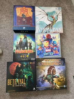 Board games (Wyrmspan, Ra, Pademic, Marvel United, Betrayal at House on the Hill 3rd ed., Cosmic Encounter)