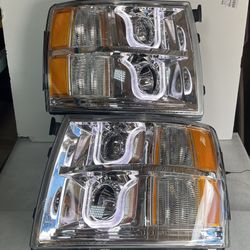 Chevy Silverado Chrome Amber LED Projector Headlights for 2007 to 2013