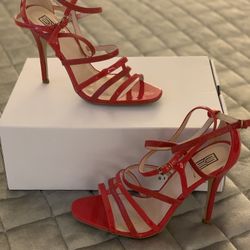 Red Patent Leather And Snakeskin Sandal With Heel