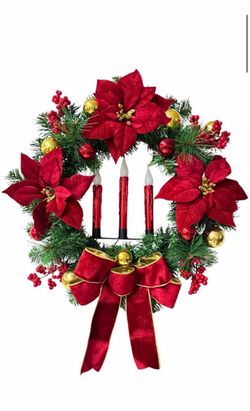 Christmas Wreath 21” with LED Candles and Poinsettias