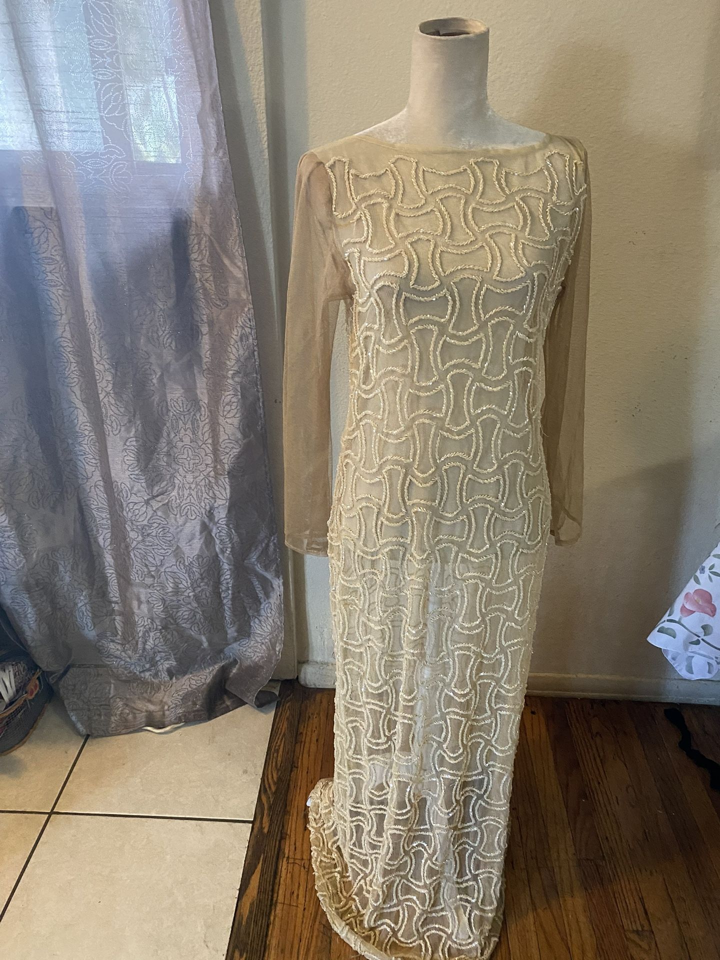 beige see through dress Valentino Beige Sheer Embroidered Maxi Dress main image 1