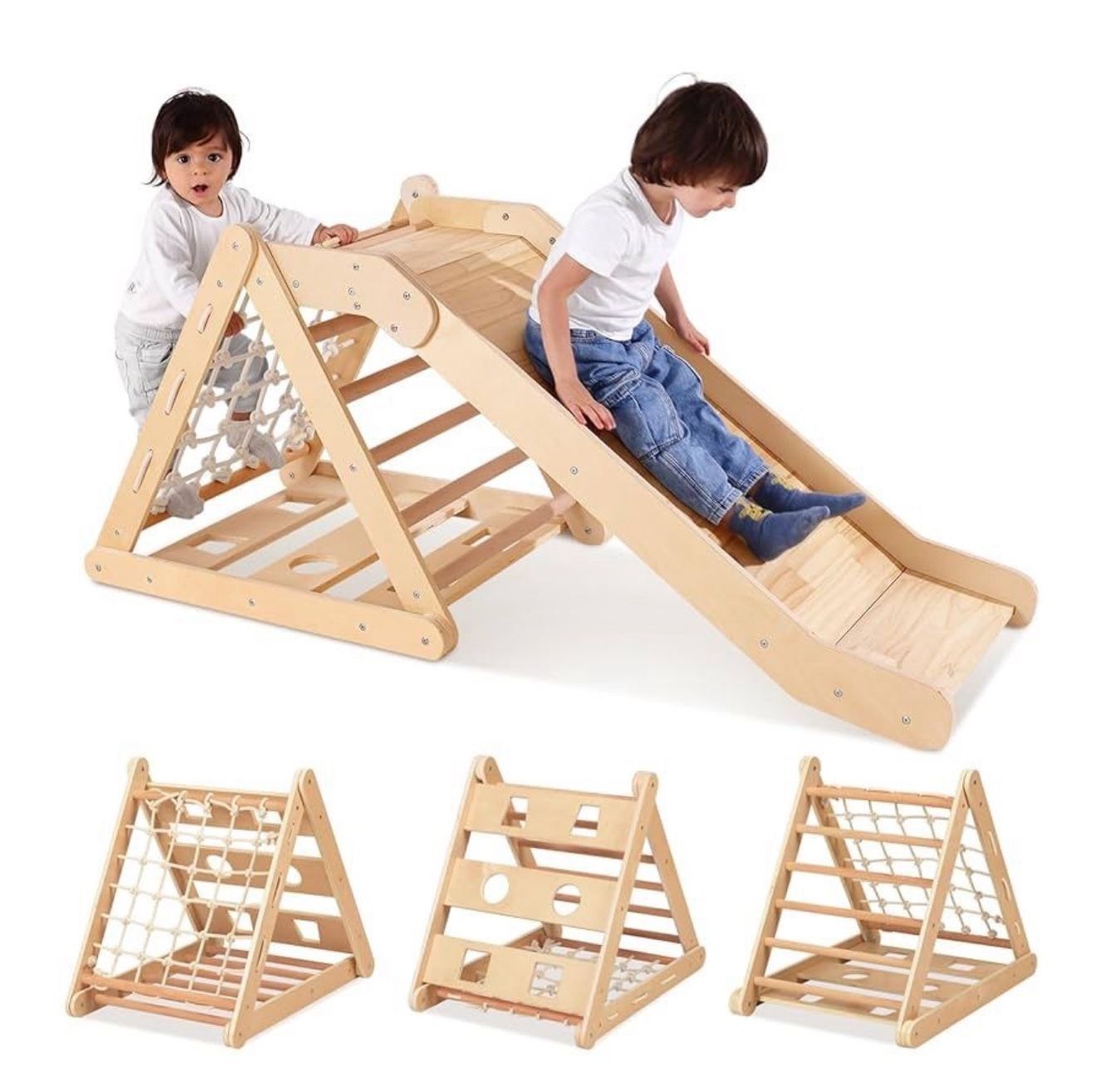 1077-4 in 1 Climbing Triangle with Slide, 3-Side Kids Climbing Triangle Ladder, Climbing Net & Board, Wooden Montessori Climbing Toys for Toddlers Day