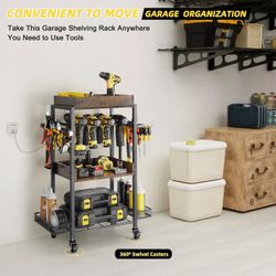 Metal Power Tool Drill Organizer Storage Shelves Cart Holder Rack with Lockable Wheels Size Length 17", Width 12", Height 34" New Condition