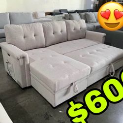 Beautiful New Sectional Sofa Bed W/ Reversible Storage Chaise & 2 USB Charging Ports in Light Gray Linen Only $600!!!