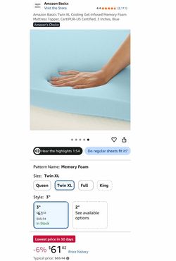 Memory Foam Mattress Topper, 3 Inches Twin XL