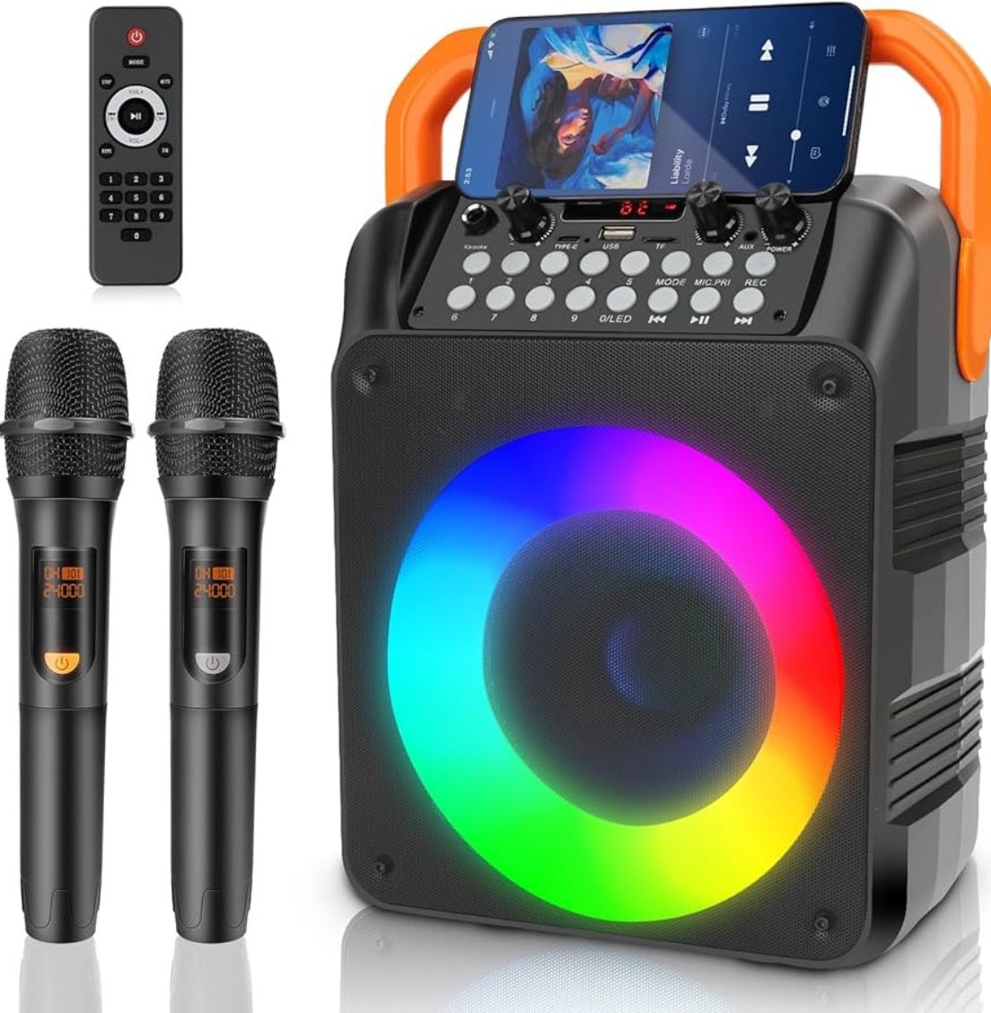 Karaoke Machine with 2 Wireless Microphones, Portable Bluetooth Karaoke Speaker for Adults & Kids with Strobe Lights, Karaoke Microphone with PA Syste