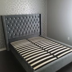 Queen Joclynn Upholstered Wingback Bed Grey Velvet Luxury Bed