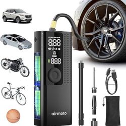 Airmoto Tire Inflator Portable Air Compressor - Air Pump for Car Tires with Digital Pressure Gauge, LED Light and Auto Shut-Off Function - Cordless Pu