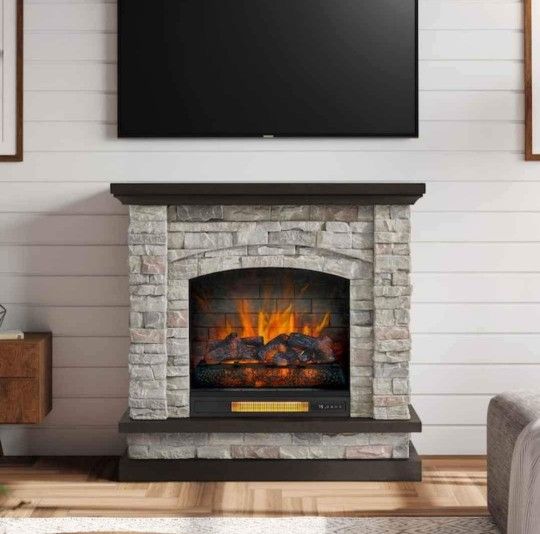 43.5 in W Stacked faux Sandstone W/ Coffee Oak Infraded Quartz Electric Fireplace
