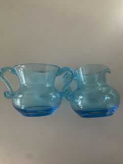 Vintage Hand Blown Art Glass Colonial Blue Small Sugar and Creamer Set w/Pontil