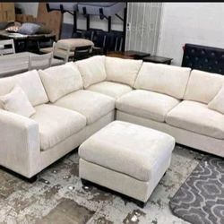 Beautiful! 4-pc Sectional Sofa With Ottoman Ivory Corduroy New