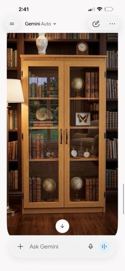 Oak Wood Bookcase with Glass Doors